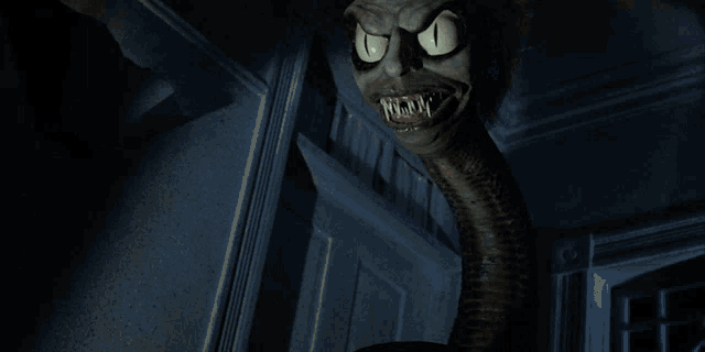 a monster with big eyes and a very long neck is looking out of a doorway