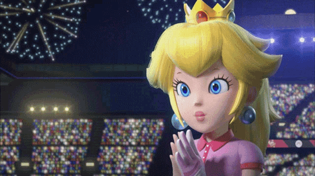 a cartoon of princess peach standing in front of a crowd with fireworks in the background