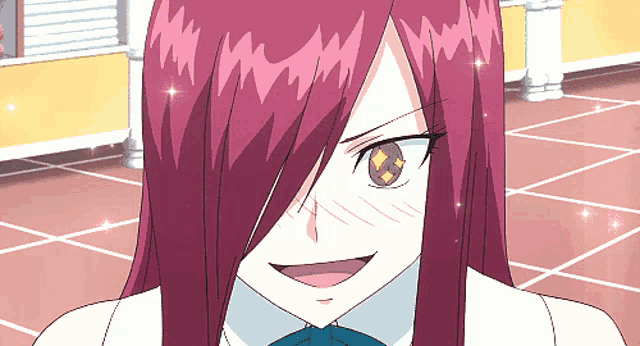 a girl with long red hair is smiling in a cartoon