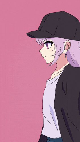 a cartoon of a girl with purple hair and a black hat