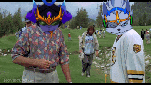 a man wearing a pepsi shirt stands next to a man wearing a samurai mask