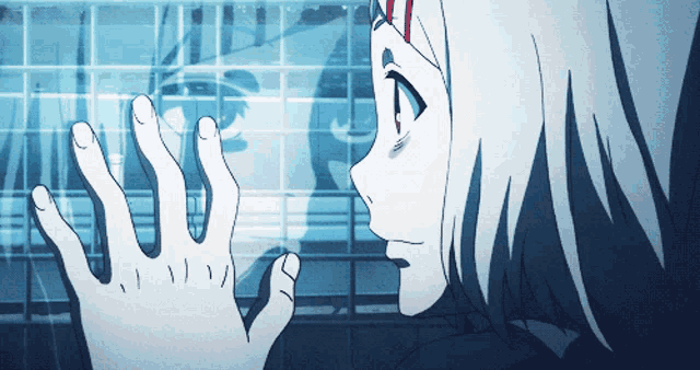 a cartoon of a girl looking at a reflection of herself in a window