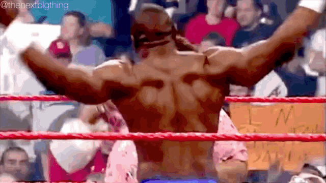 the back of a wrestler in a wrestling ring with his arms outstretched .