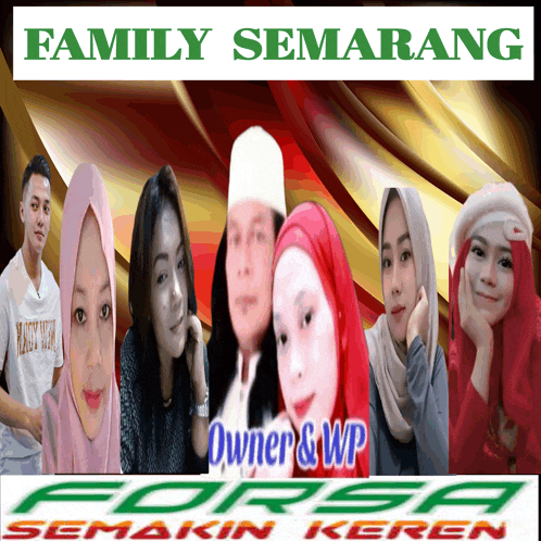a group of people are standing in front of a sign that says family semarang