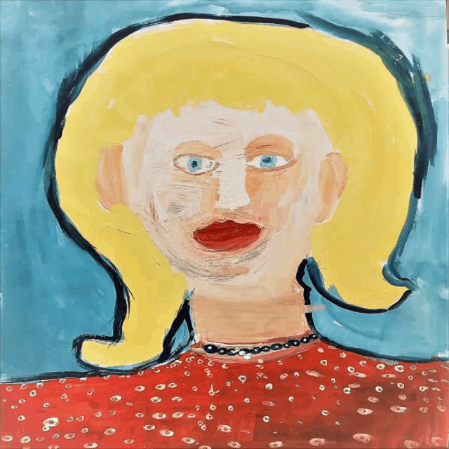 a painting of a woman with blonde hair and a red top