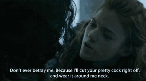 a man and a woman are looking at each other and the woman is saying `` don 't ever betray me .