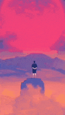 a painting of a person flying through the air at sunset