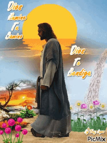 a picture of jesus walking with the words dios te bendiga