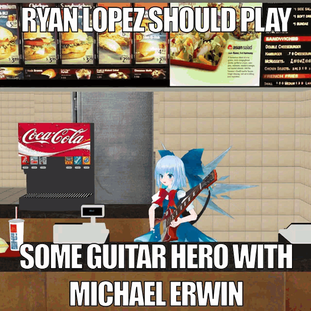 a girl playing a guitar in front of a coca-cola machine