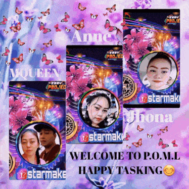 a poster that says " welcome to p.o.m.l happy tasking " on it