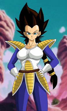 a cartoon character with a ponytail is standing in front of a mountain range