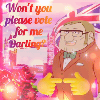 a man in a suit and bow tie is pointing at the camera with the words " won t you please vote for me darling " behind him