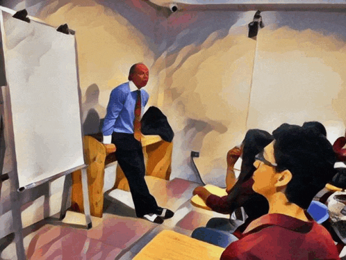 a man stands in front of a white board giving a presentation to a group of people