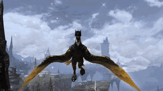 a black and yellow dragon flying in the sky