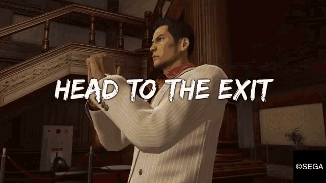 a man in a white suit is standing in front of a staircase with the words head to the exit above him