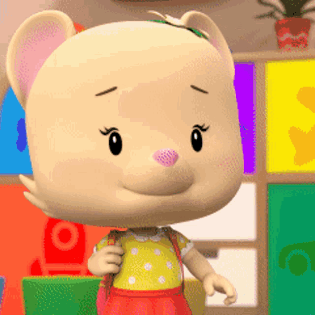 a cartoon bear wearing a yellow top and red skirt