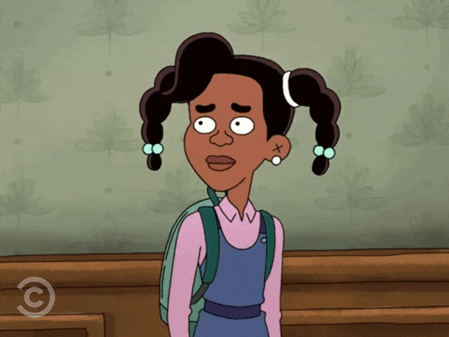 a cartoon girl with pigtails and a backpack stands in front of a wall with leaves