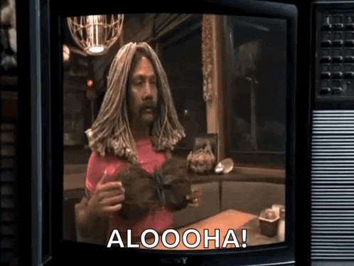 a man with dreadlocks is on a television screen with the words aloooha on it .