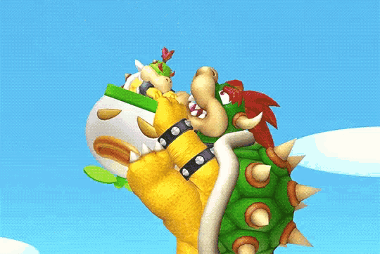 a cartoon character is flying through the air with a green shell on his back