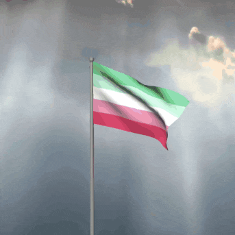 a green white and red flag is waving in the wind against a cloudy sky