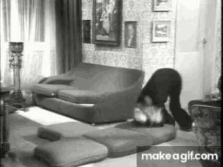 a black and white photo of a living room with a make a gif.com button in the corner
