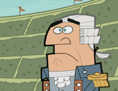 a cartoon of george washington standing in a stadium with flags in the background