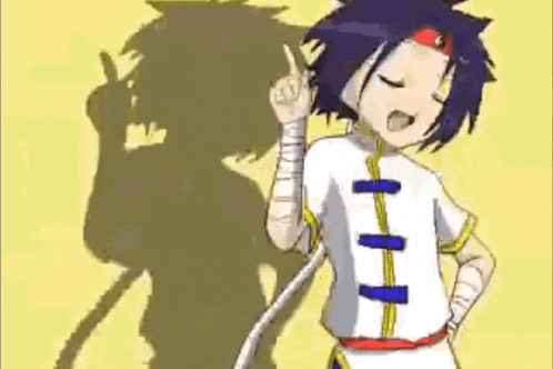 a cartoon character is standing in front of a yellow background with a shadow of a person behind him .