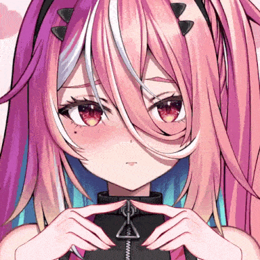 a close up of a anime girl with pink hair