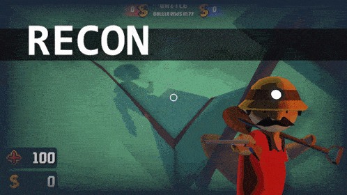a video game screen shows a man holding a gun and the word recon above him