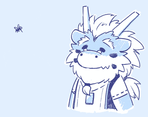 a blue and white drawing of a dragon with a fly flying next to it
