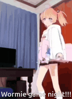 a picture of a girl with the words " wormie game night "