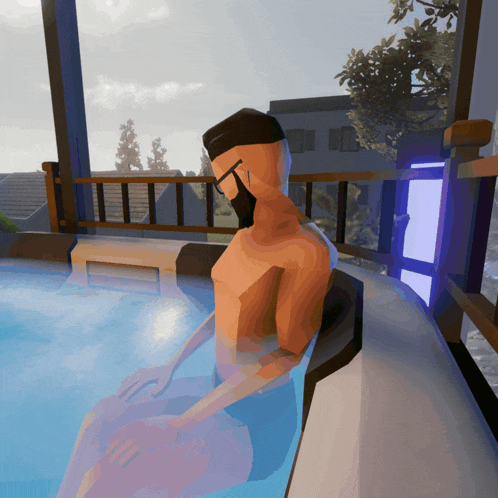 a man without a shirt is sitting in a hot tub on a balcony