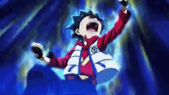 a boy in a red jacket is screaming with his arms in the air in a cartoon .