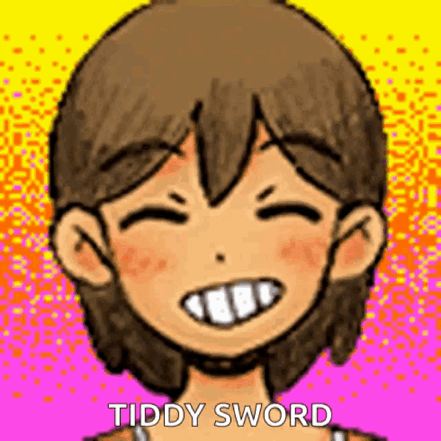 a pixel art drawing of a girl smiling with the words tiddy sword written below her .