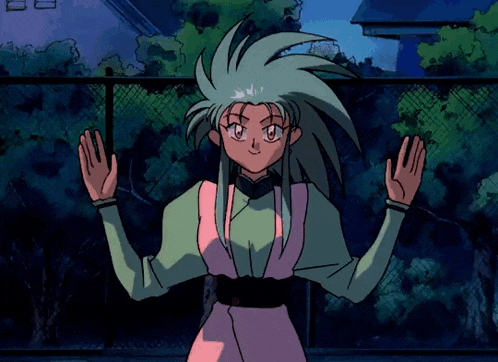a cartoon character is standing in front of a fence with her hands outstretched