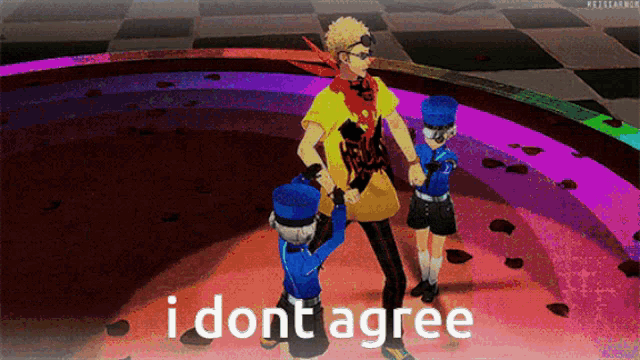 a video game character says i dont agree while dancing with two other characters
