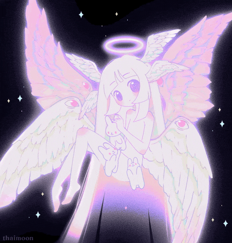 a drawing of a girl with angel wings holding a stuffed animal