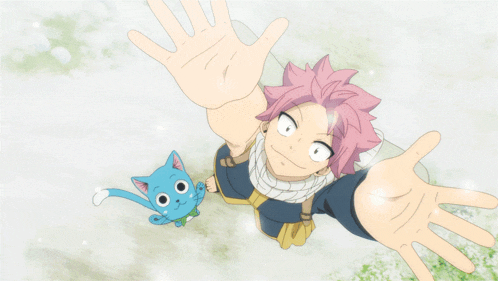 a cartoon of a boy with pink hair and a cat with blue tail