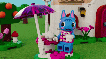 a lego animal crossing character holding a purple and white umbrella