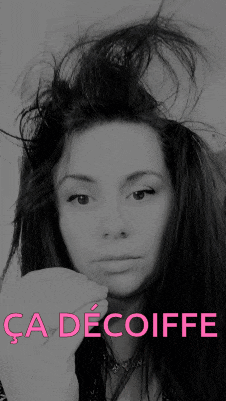 a black and white photo of a woman with the words ca decoiffed in pink letters
