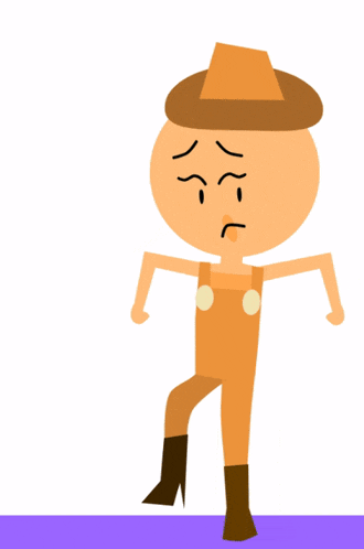 a cartoon character is wearing overalls and a hat and has a sad look on his face