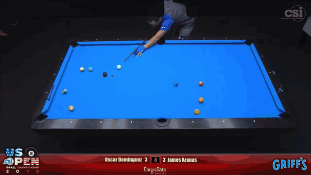 a pool table with oscar dominguez 3 and james aranas 3 on the scoreboard
