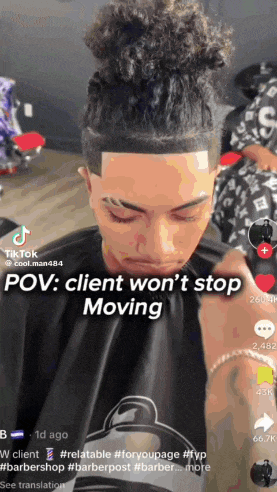 a tiktok video of a man getting a haircut