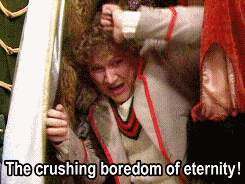a man in a suit with the words the crushing boredom of eternity below him