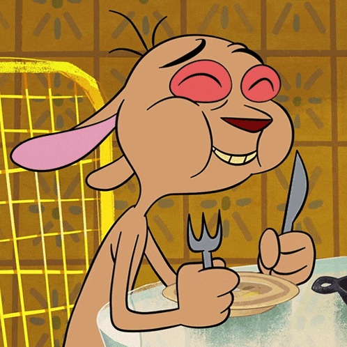 a cartoon character holding a fork and knife