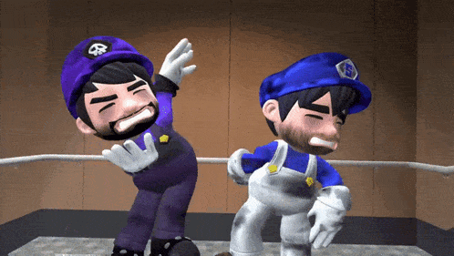 two cartoon characters are standing next to each other and one has a skull on his hat