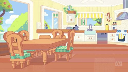 a cartoon drawing of a kitchen with a table and chairs and the abc logo
