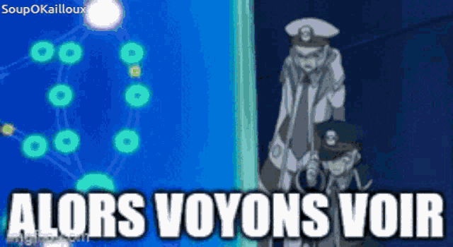 a cartoon character says alors voyons voir in front of a screen