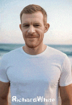 a man wearing a white shirt with the name richard white on the bottom