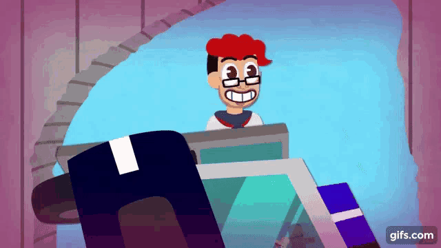 a cartoon of a man with red hair and glasses is smiling while riding a rollercoaster